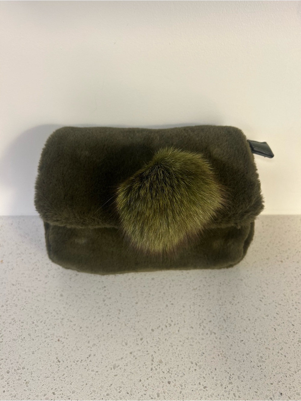 Plush Olive Faux Fur Crossbody with Pom Accent